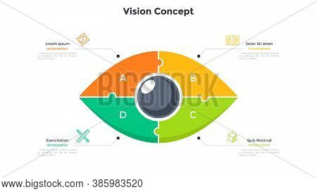 Eye Divided Into 4 Colorful Jigsaw Puzzle Pieces. Concept Of Four Features Of Creative Business Visi