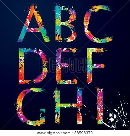 Font - Colorful letters with drops and splashes from A to I. Vector illustration.