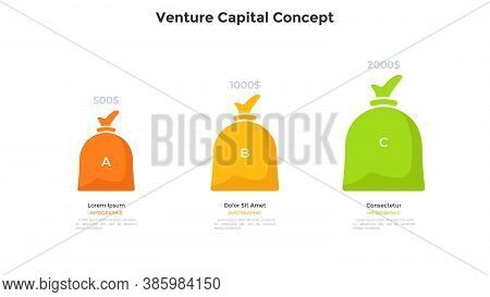 Three Colorful Money Bags. Concept Of Three Steps Of Venture Capital Investment, Startup Project Fun