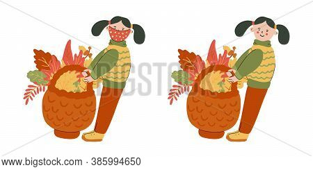 Little Girl With A Big Wicker Basket Ful Of Autumn Leaves. Vector Illustration With And Without Prot