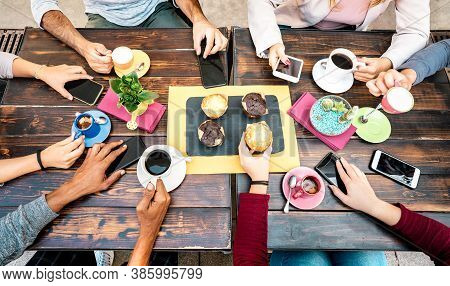 Top Angle View Of Hands With Phones At Coffee Shop Restaurant - People Having Breakfast Together Wit