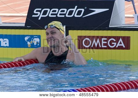 Jul 27 2009; Rom Italien; Brenton Rickard (AUS) fejrer vinde Herre 100m brystsvømning finalen