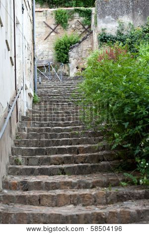 The picturesque narrow street in Chinon old town. Loire valley France