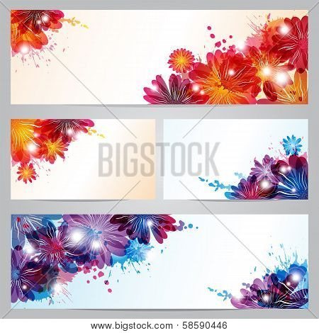Set Of Banners And Business Cards With Flowers And Blots
