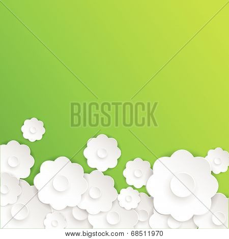 Paper white flowers on green background