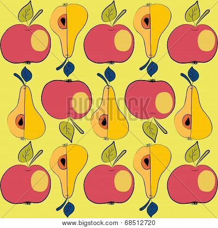 Pattern with yellow pear and red apple