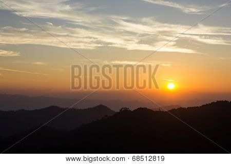 Sunrise And Silhouette Mountain At Thong Pha Phum National Park