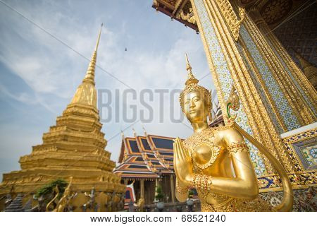 Iconic Golden Kinnari Statue In The Grand Palace Bangkok Thailand