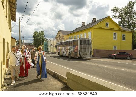 TIKHVIN, RUSSIA - JULY 5, 2014: Unidentified participants the celebration of the day of the city of Tikhvin - first mentioned 1383, town status since 1773 year (200 kilometers east of St. Petersburg)