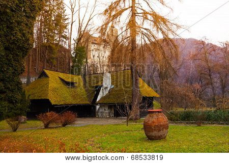 Old village house and Bran Castle, Romania