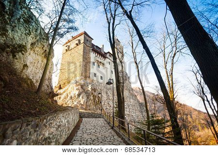 Close view of Dracula Castle with stoned path