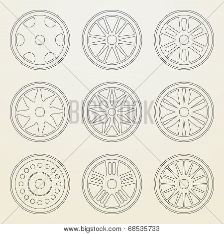 Set of icons of a car rims. Thin line style