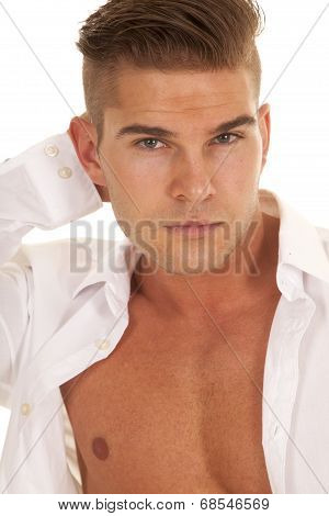 Man White Dress Shirt Unbottoned Close Hand Behind Head Look