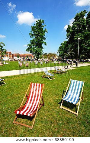 Deckchairs in park, Stratford-upon-Avon.