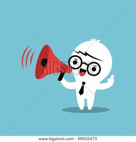 Business Cartoon Character With Megaphone Make An Announcement