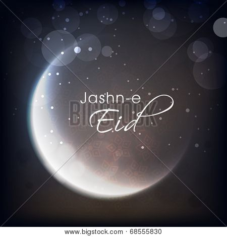 Shiny crescent moon on grey background for muslim community festival Jashn-e-Eid celebrations. 