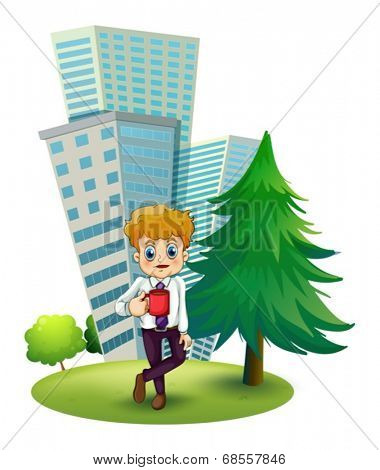 Illustration of a businessman taking a break outside the office on a white background