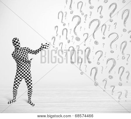 3d human character is body suit morphsuit looking at hand drawn question marks