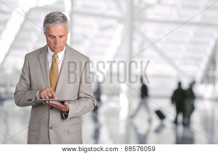 Closeup of a mature businessman using his tablet computer in an airport concourse. The man is looking at the device with blurred passengers in the background.