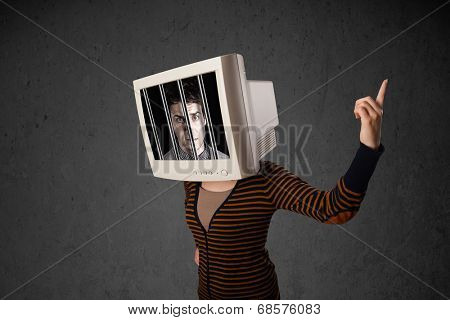 Business man with monitor screen on his head traped into a digital system concept