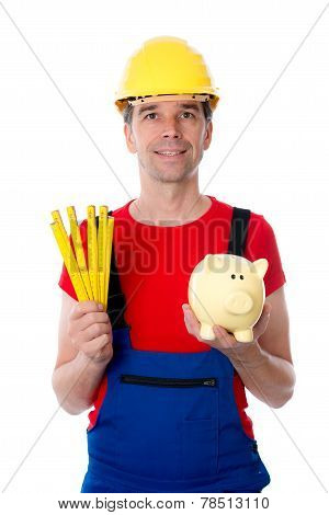 Friendly Worker in red shirt With Yardstick And Piggy Bank