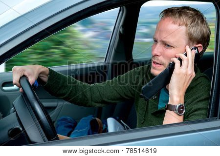 Young Man Is Calling In The Car