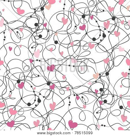 Velentines love pattern. Seamless stylish pattern with swirl abstract elements and pink hearts. Vector illustration. Valentine background.