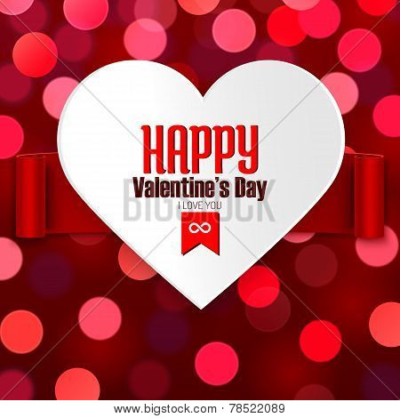 Valentine's Day Greeting Card, Heart With Red Ribbon On Boken Background