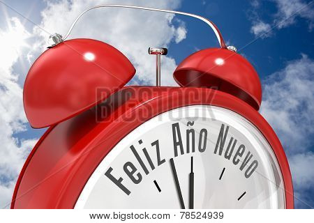 Feliz ano nuevo in red alarm clock against bright blue sky with clouds