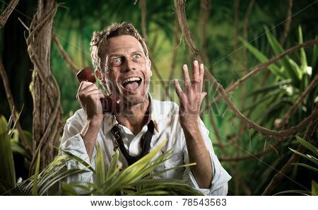 Furious Businessman On The Phone Lost In The Jungle