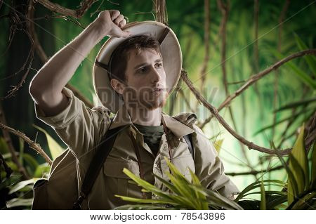 Exhausted Explorer In The Jungle
