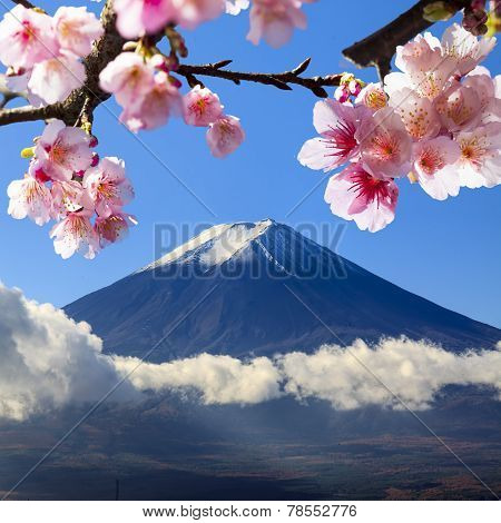 The Sacred Mountain Of Fuji In The Background Of Blue Sky At Japan
