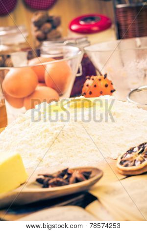 Preparing Christmas Iced Gingerbread Dough Ingredients Recipe Kitchen Table Egg Flour