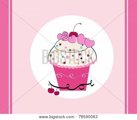Pink cup cake greeting card vector background