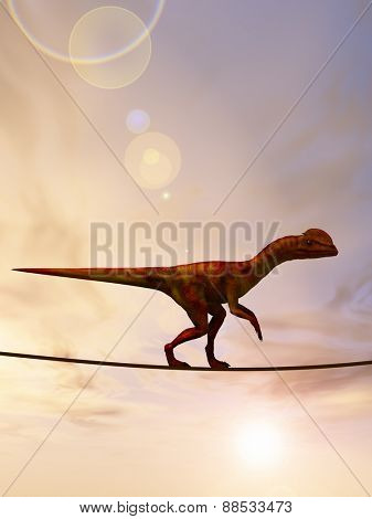 Concept or conceptual abstract business metaphor as wild heavy dinosaurus balancing on rope over sunset sky background