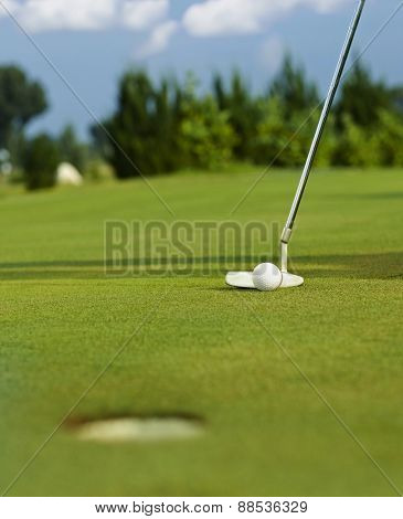 Golf club is ready for final putt on the green.