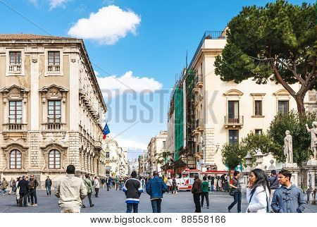 Via Etnea And View Of Etna Volcano In Catania