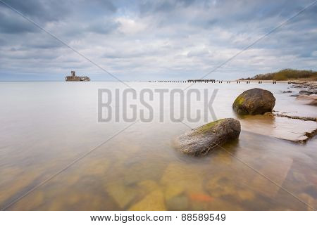 Beautiful View On Baltic Sandy Coast With Old Military Buildings