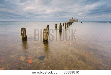 Beautiful View On Baltic Sandy Coast With Old Military Buildings