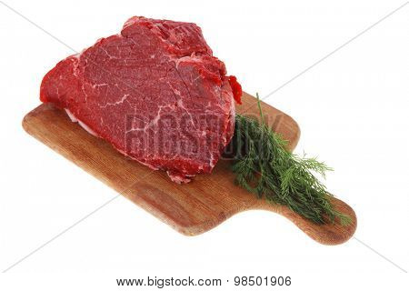 fresh raw red beef meat big steak chunk on wooden cut board isolated over white background