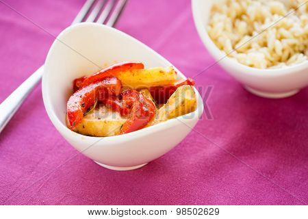 Selection Of Garnishes: Sauteed Vegetables And Orzo Rizotto