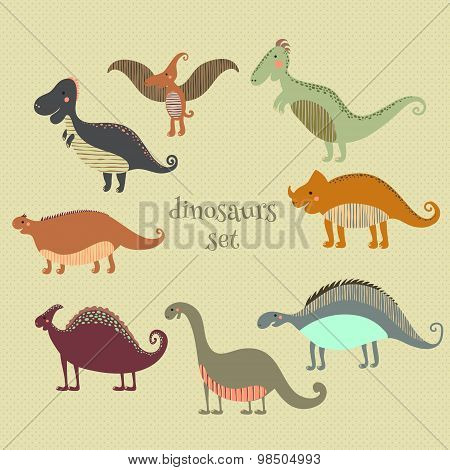 Retro poster with set funny dinosaurs in cartoon. Can be used for wallpapers, pattern fills, web pag