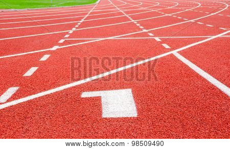 Start Track. Lanes 1 Number One On Red Racing Track.