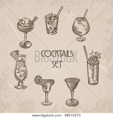 Collection of vintage cocktails. Retro hand drawn vector illustrations on grunge background