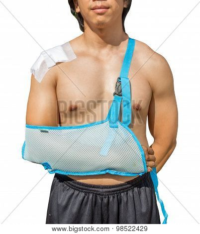 Man With Arm In Sling Isolated On White Background With Clippingpath