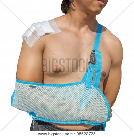 Man With Arm In Sling Isolated On White Background With Clippingpath