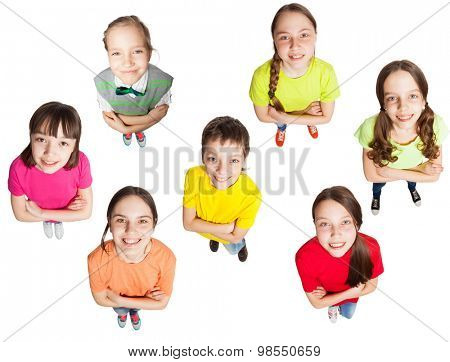 Happy group children isolated at white background. Smiling teen. Frendship boys and girls 