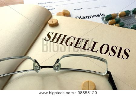 Word  Shigellosis on a paper and pills.