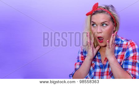 Blond Girl In Retro Fashion Style Looking Suprised To Left Empty Space