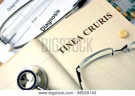 Word Tinea cruris  on a paper and pills.